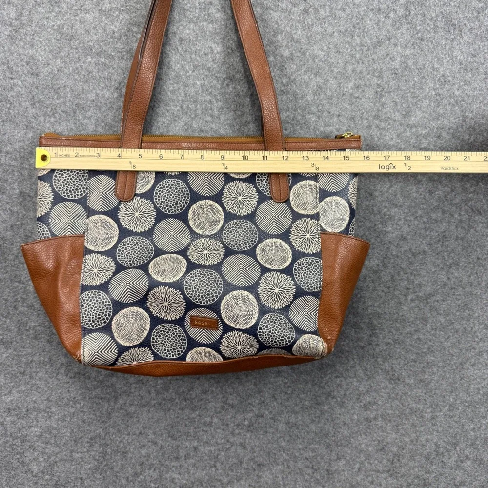 Fossil Navy Cream Geometric Circle Print Tote Bag Brown Leather Trim‎ Large